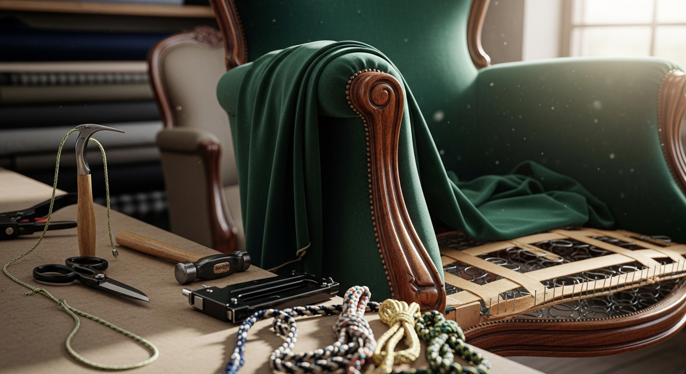 Stylowe, odnowione krzesło w warsztacie tapicerskim